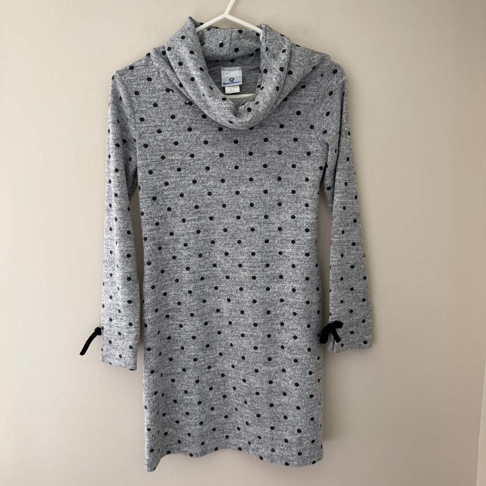 Florence Eiseman Girls Grey Polka Dot Cowl Neck Dress Velvet Bows Size 12 7953-8